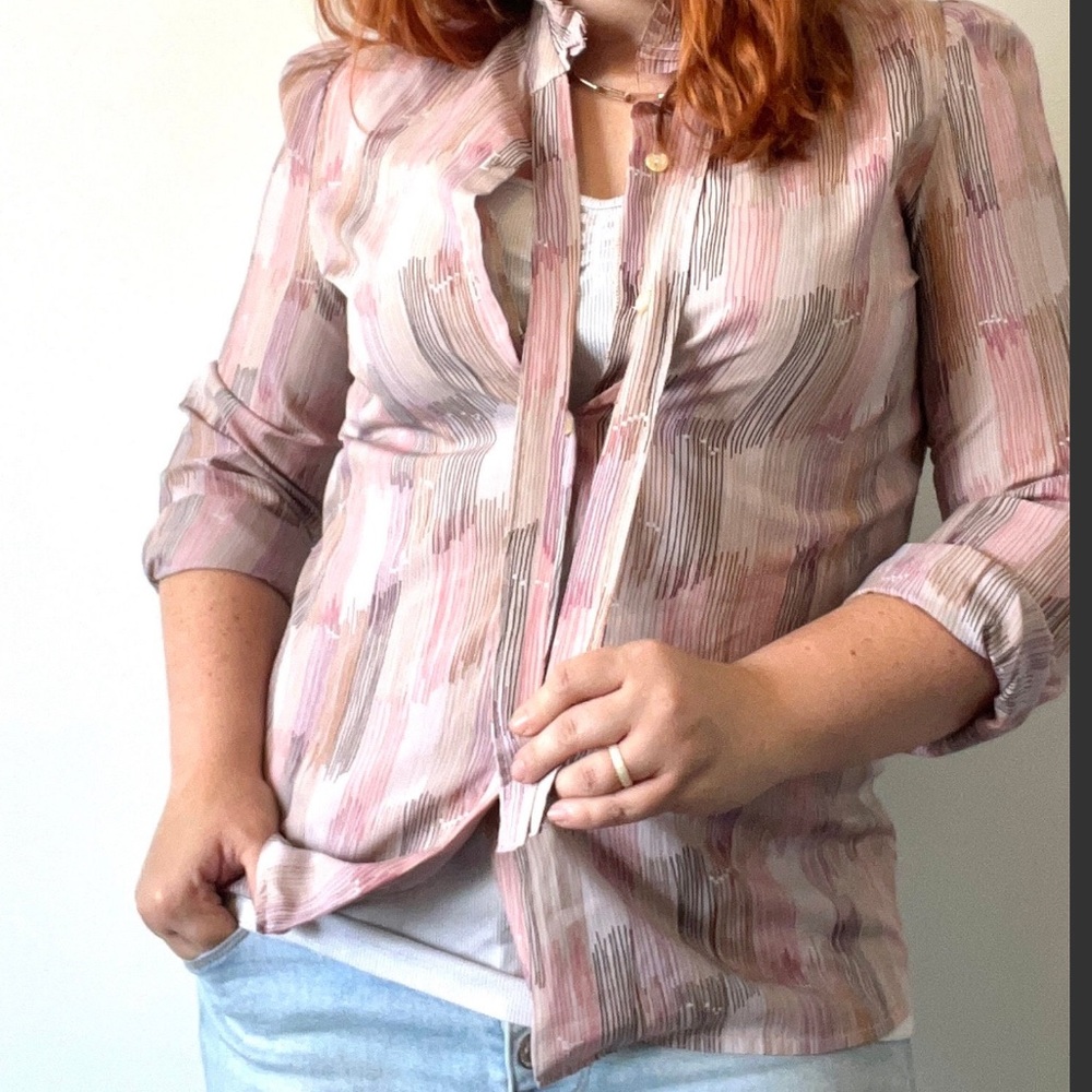 Vintage 1970s Pink Striped Blouse with Tie Neck, Multi Colored, Button Up
